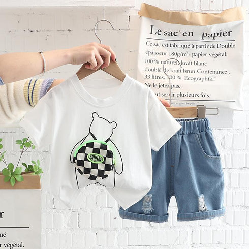 Handsome Round Neck Short Sleeve Suit With Zipper Bag Denim Shorts Two-piece Set